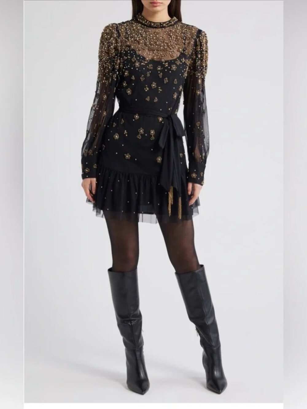 Farm Rio "Embroidered Tulle Overlay" Black Mini Dress